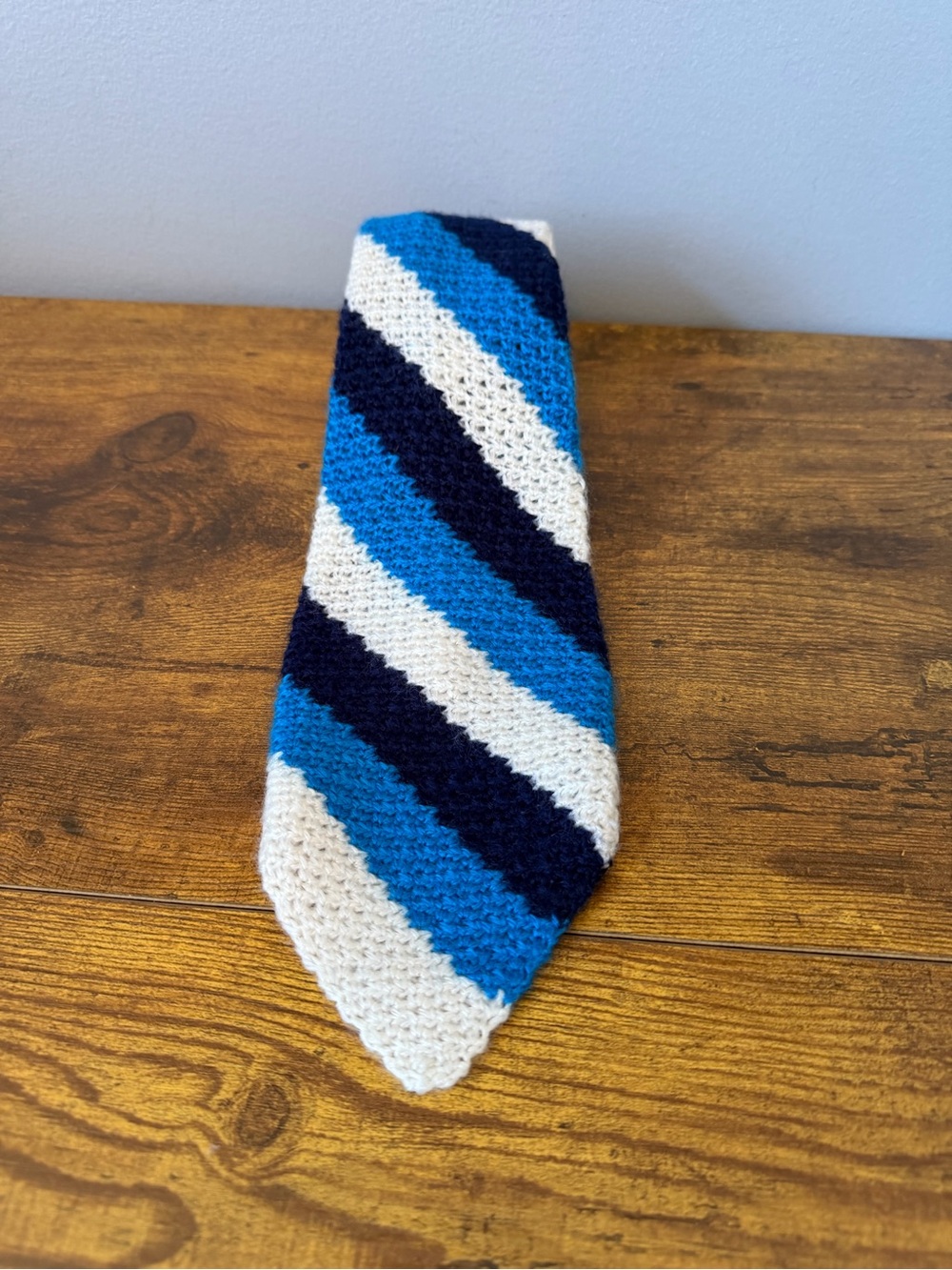 Harrison Scott Frederick Crochet Tie Blue White Stripe Wide Mod Retro Knit 70s
